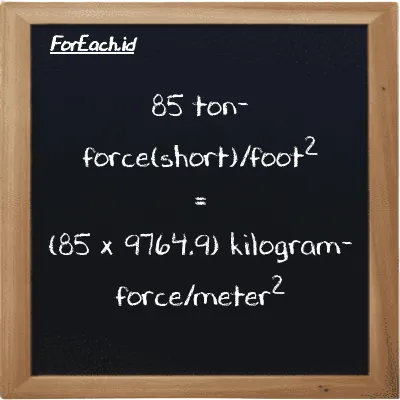 How to convert ton-force(short)/foot<sup>2</sup> to kilogram-force/meter<sup>2</sup>: 85 ton-force(short)/foot<sup>2</sup> (tf/ft<sup>2</sup>) is equivalent to 85 times 9764.9 kilogram-force/meter<sup>2</sup> (kgf/m<sup>2</sup>)